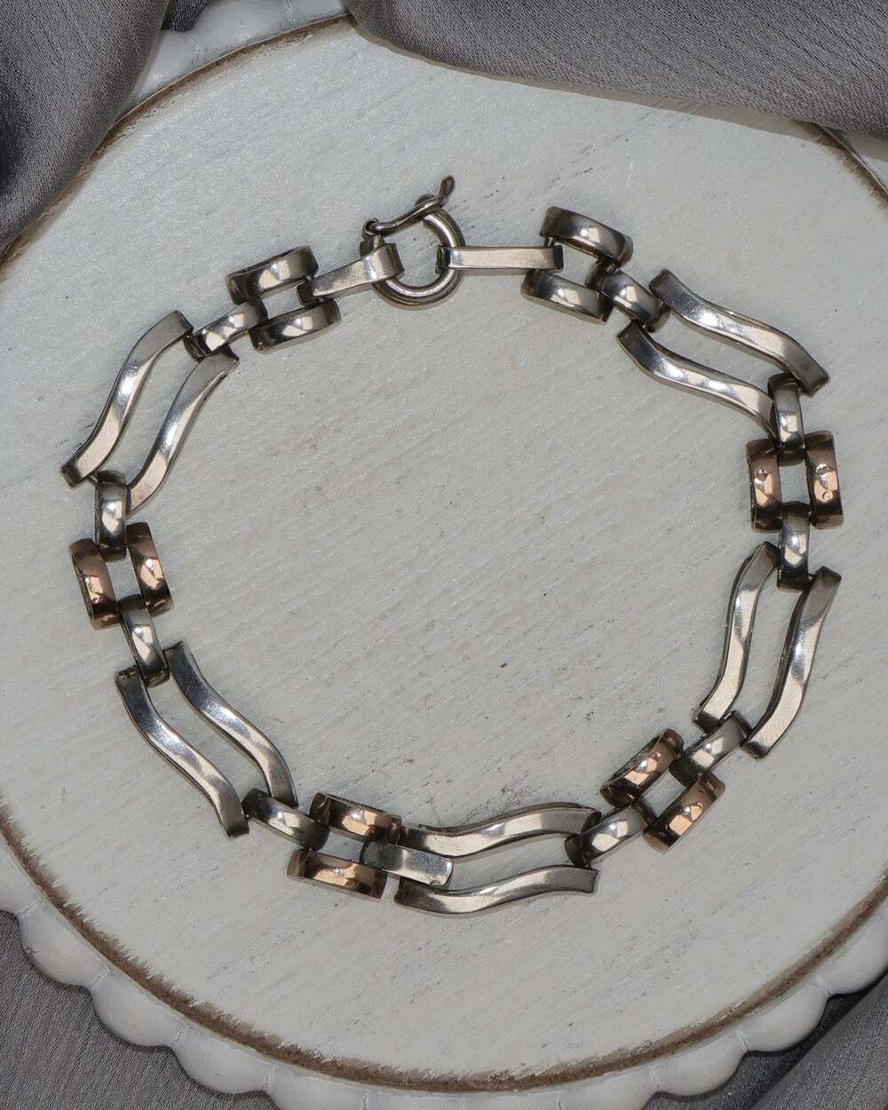 Vintage Sterling Silver & 18k Wavy Link Bracelet 13G / 7.5in N1550